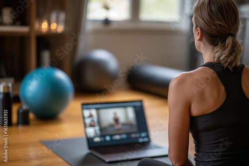 Woman sitting on yoga mat watching online fitness class on laptop in home gym environment with natural light