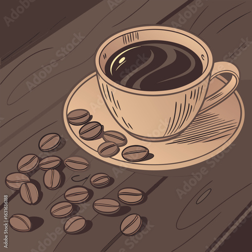 Illustration of a coffee cup with dark liquid on a saucer surrounded by coffee beans on a wooden surface