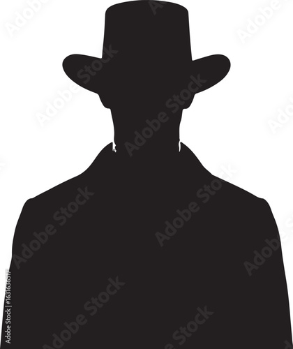 The image is a black silhouette of a person wearing a cowboy hat and a suit jacket, facing forward with no facial features visible, set against a stark white background.