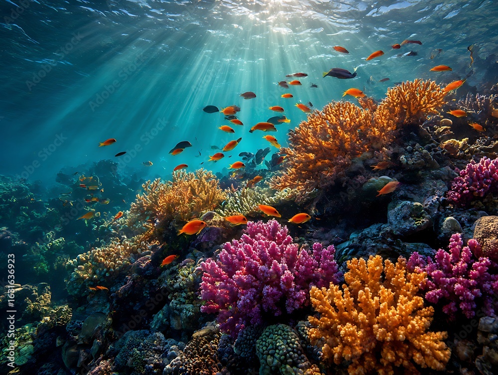 Obraz premium Vibrant coral reef teeming with colorful fish and sunbeams underwater
