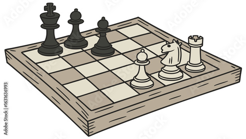 A chess board with black king bishop and pawn facing white pawn knight and rook in a strategic game setting