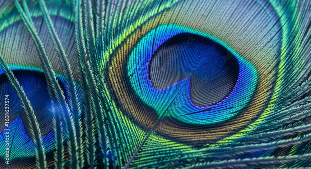 Obraz premium Vibrant Peacock Feather Macro Close-Up. Colorful close-up of peacock feather showing iridescent blues, greens, and purples. 