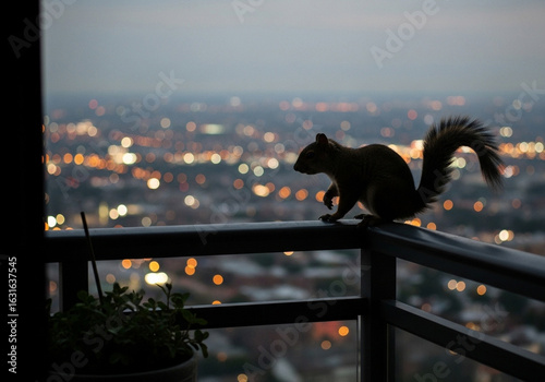 Squirrel Balancing on High-Rise Balcony.
Silhouette of a squirrel perched on a high balcony railing overlooking a city at dusk.
