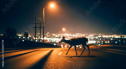 Deer Crossing Empty Highway at Night.
Silhouetted deer walking across an empty highway with city lights blurred in the background.
