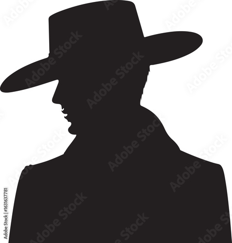 The image is a black silhouette of a person wearing a wide-brimmed hat, facing to the right, possibly a woman, with their shoulders and part of their coat visible.