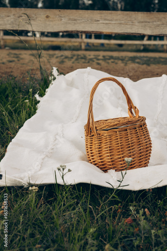 Foto A charming woven basket rests on a white blanket in a serene outdoor setting, surrounded by greenery