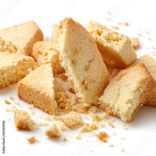 Assortment of Broken Shortbread Biscuits with Crumbs on White Background cookies