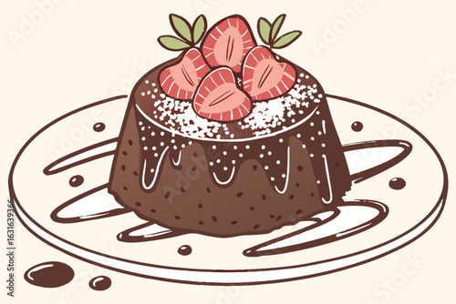 Illustration of a chocolate lava cake decorated with strawberries and powdered sugar on a plate with syrup