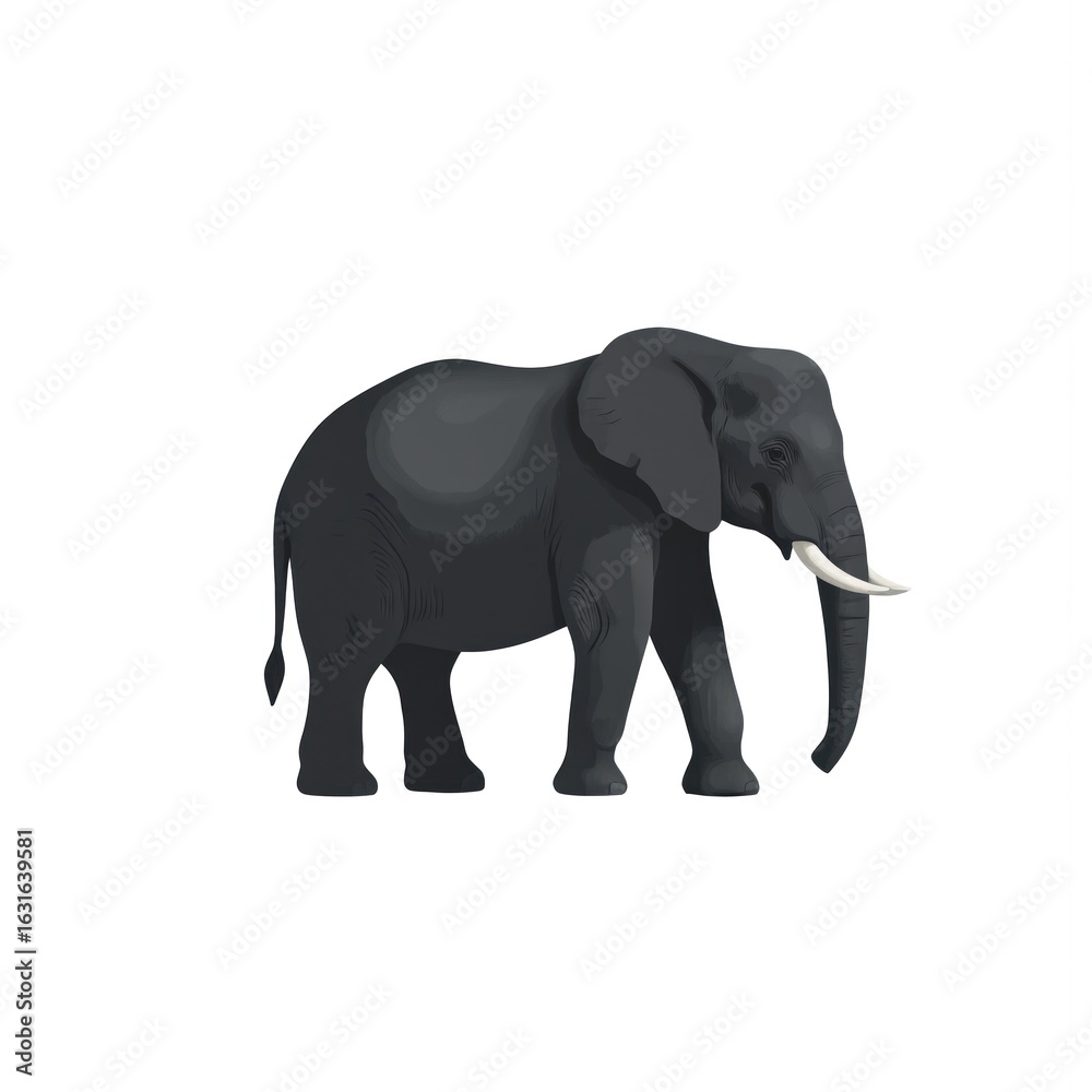 Fototapeta premium Gray elephant illustration, side view. Clean art large mammal with tusks, perfect for wildlife zoo themes. Simple design suitable for graphic elements, educational materials logos.