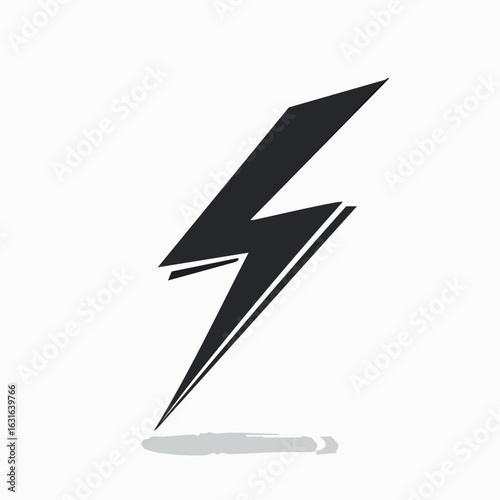 Dynamic black lightning bolt icon with a subtle shadow, symbolizing power, electricity, and a sudden flash of energy. Vector graphic element.