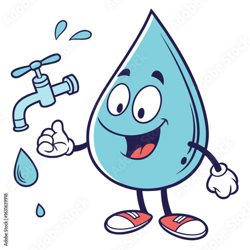 Cartoon water drop character with faucet isolated on white background illustration