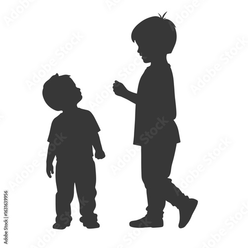Two children silhouettes interacting on white background  