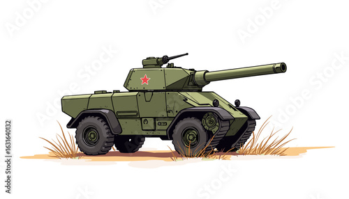 Cartoon military wheeled tank with green camouflage and red star  