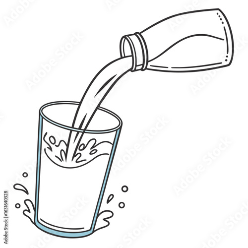 Illustration of milk pouring from a bottle into a glass, isolated on white background