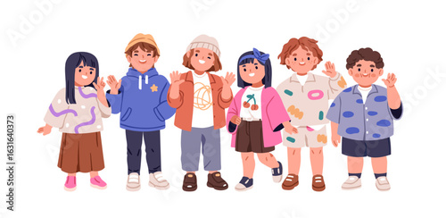 Kids group standing together, smiling and greeting with hands. Happy joyful children friends, boys and girls, cute cheerful child characters. Flat vector illustration isolated on white background