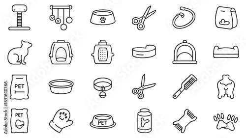 Set of 20 pet care and supplies icons in silhouette style