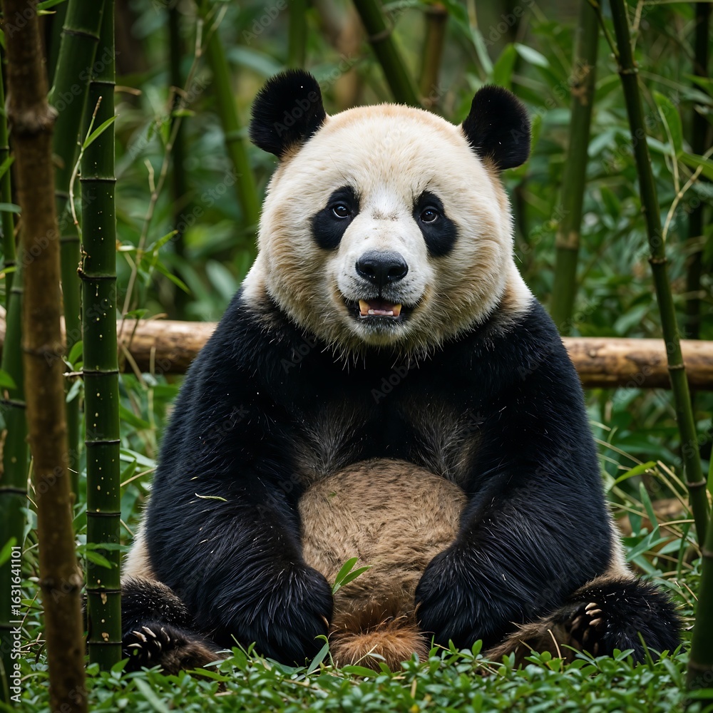 Fototapeta premium Sitting Giant Panda in Natural Habitat Green Bamboo Background