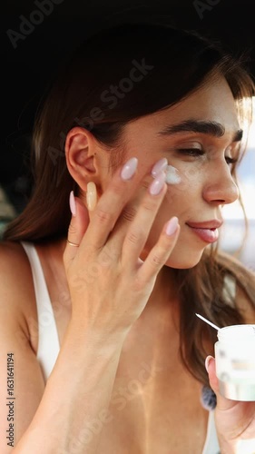 A young woman applies a cream to her face while sitting in a car. She enjoys enriching her skin with moisture in bright sunlight, demonstrating a simple skincare process.