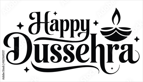 Happy Dussehra Typography Vector with Diya Lamp and Decorative Elements