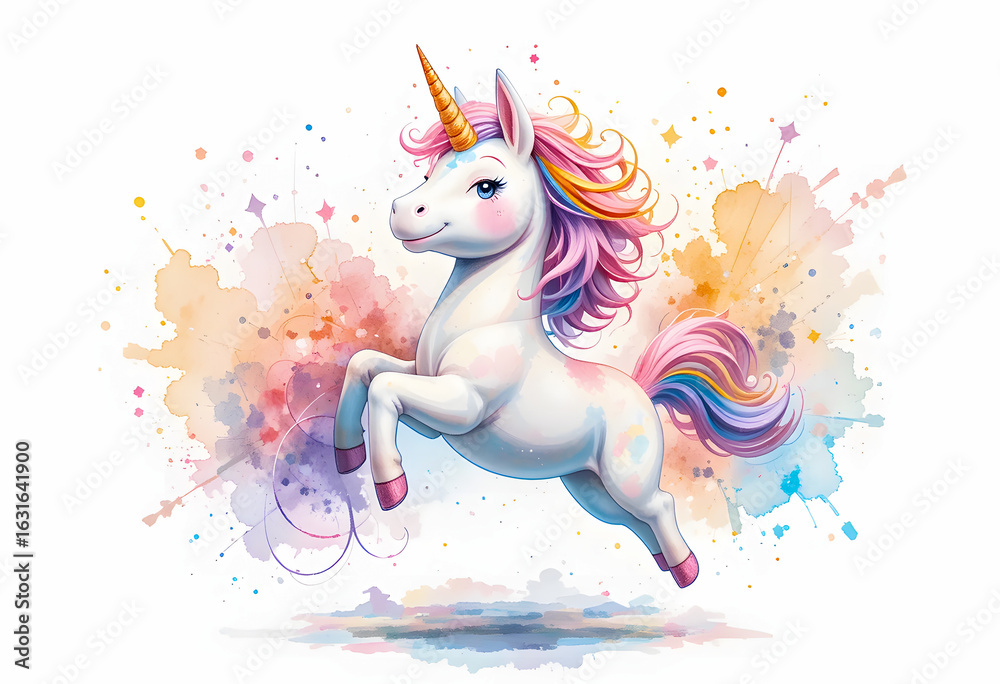 Naklejka premium A vibrant watercolor painting of a happy unicorn, radiating pure delight and fantasy.