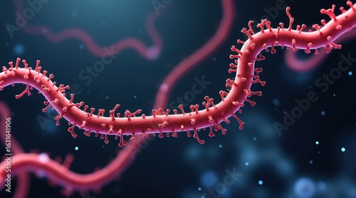 Close up of a microscopic biological structure with a red segmented surface and spikes