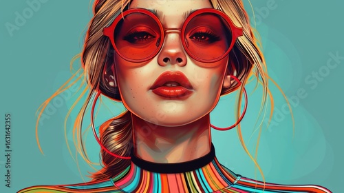 Stylized illustration of a woman with light hair, wearing red sunglasses.