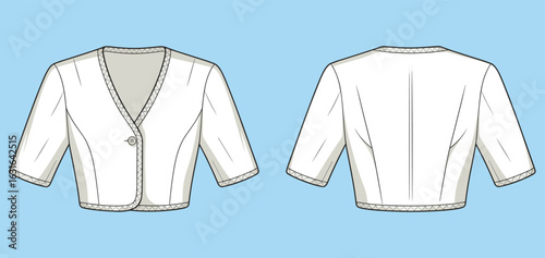Fashion flat technical sketch of a women's elegant cropped bolero jacket with a single-button closure for apparel design projects