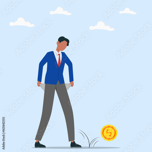 Concept of financial loss, bankruptcy and economic crisis. Sad businessman with empty pockets watching a coin roll away.