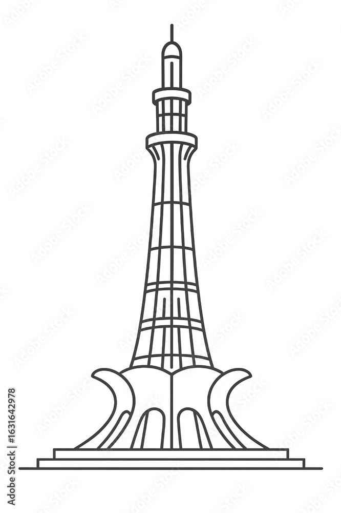 Obraz premium Minimal Vector Minar-e-Pakistan Line Art TransparentMonochrome Minar-e-Pakistan Icon Clean VectorMinar-e-Pakistan PNG Sketch for Stickers & PrintsPakistan Monument Minimal Line Art for Design Us