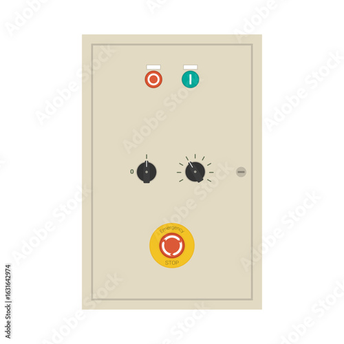 Emergency stop industrial control panel. Vector illustration for use in technical manuals, training materials and projects focused on factory automation, machinery safety, operational control systems