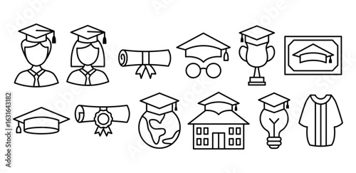 Graduation School Line Icon Black and White Color, Education, Award, Diploma, Learning, College, Student, Academic, Degree, Symbol Vector Design Illustration Set