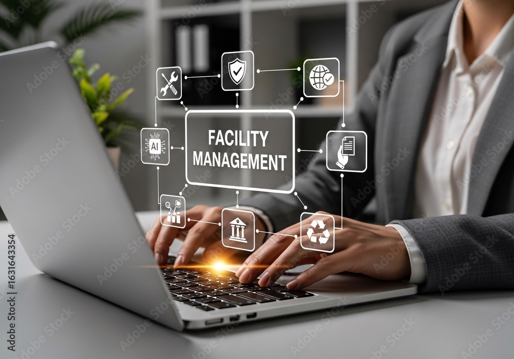 Naklejka premium Facility Management Concept. Professional works on laptop with digital icons representing facility management, security, maintenance tools, AI, sustainability, safety, and smart building operations.