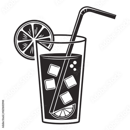 A black and white graphic of a cocktail glass with ice, a lemon slice, and a straw