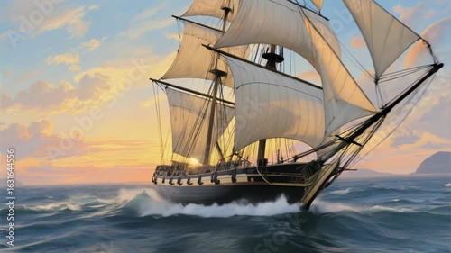 Sailing ship on the sea at sunset with tall masts and vintage sails