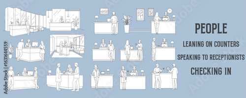 Architectural Drawings people leaning on counters, speaking to receptionists, or checking in vector illustration, side view, human person Minimal style hand drawn.