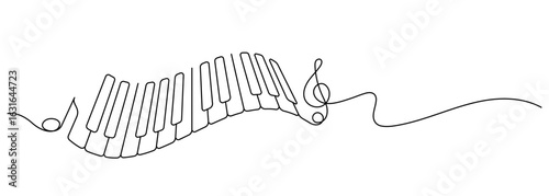 piano keyboard curve shape one line continuous drawing and music notes minimalism decorative art
