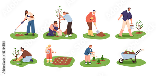 Planting trees, growing sapling, seeding, caring about seedling set. People, men, women, kids sowing in garden, park, farm. Work in nature. Flat vector illustrations isolated on white background