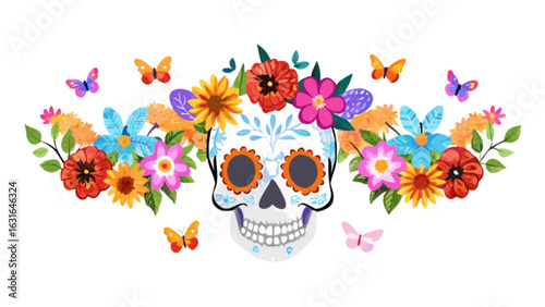 A colorful sugar skull with flowers for the day of the dead, isolated on white background, a vibrant and festive mexican tradition illustration