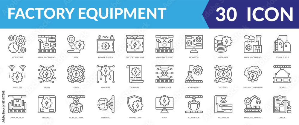 Fototapeta premium Factory equipment icon collection set. Containing Work Time, Manufacturing, Idea, Power Supply, Factory Machine, Manufacturing, Monitor, Database, Manufacturing, Fossil Fuels icon