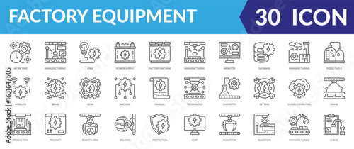 Factory equipment icon collection set. Containing Work Time, Manufacturing, Idea, Power Supply, Factory Machine, Manufacturing, Monitor, Database, Manufacturing, Fossil Fuels icon