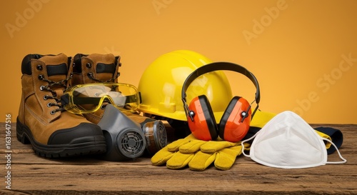 Complete Industrial Safety Equipment Array on a Rustic Wooden Table