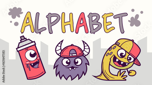 Playful alphabet design with cartoon monsters and graffiti elements, a creative and colorful illustration for childrens designs