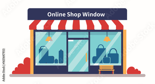 Flat design illustration of a storefront for an online shop, showcasing various products.