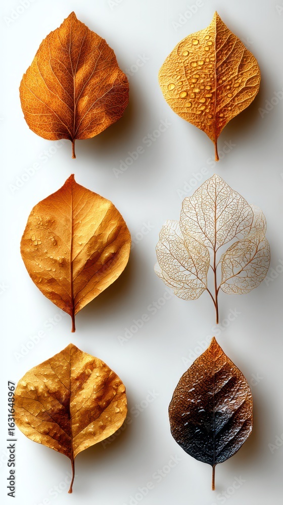 Fototapeta premium Colorful autumn leaves with intricate details arranged on a light background highlighting seasonal beauty