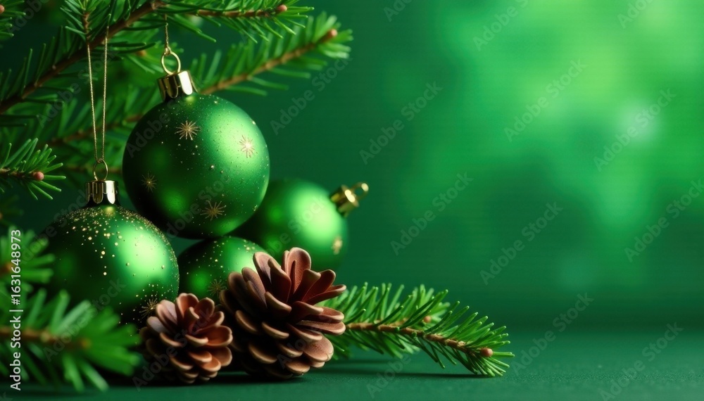 Fototapeta premium Elegant green Christmas wallpaper with shimmering ornaments and pine cones , texture, festive background, winter