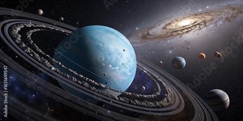 A breathtaking view of uranus with its rings and moons, set against the backdrop of a swirling galaxy, showcasing the beauty and mystery of space exploration and the vastness of the cosmos