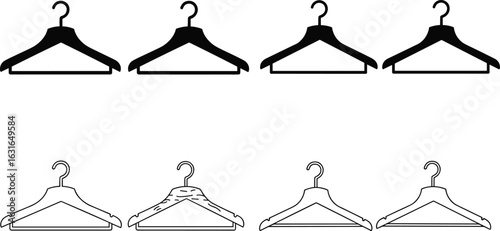 Clothes hanger vector illustrations – black and white garment hangers with hook and bar details