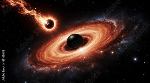 Massive colorful black hole with planets orbiting in distant galaxy. Swirling accretion disk glows with intense orange light. textured planet dominates foreground. Cosmic nebula, stars fill