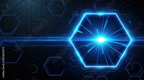 Futuristic blue neon hexagon with radiant light burst