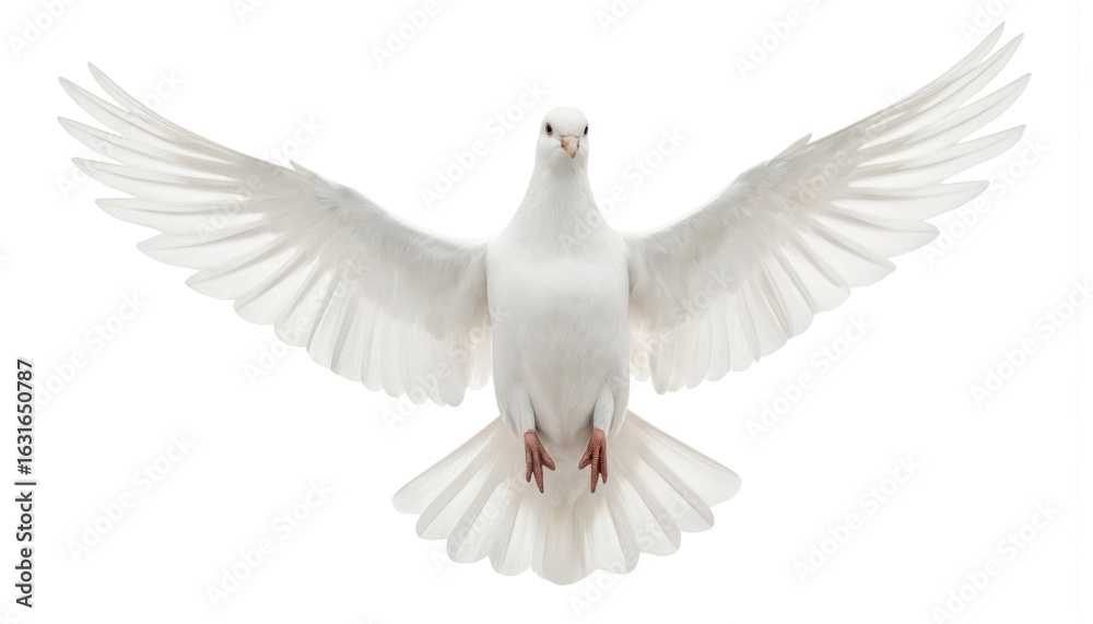 Obraz premium White dove in flight isolated on pure white background. Bird wings fully spread, feathers in delicate detail. Peace, freedom, purity, image evokes sense of tranquility, spirituality. Ideal for